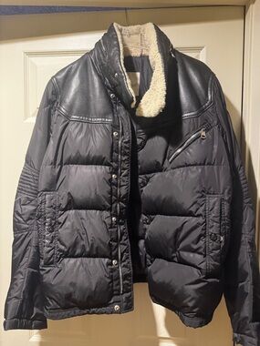 Moncler Black Puffer Jacket with Sherpa Collar
